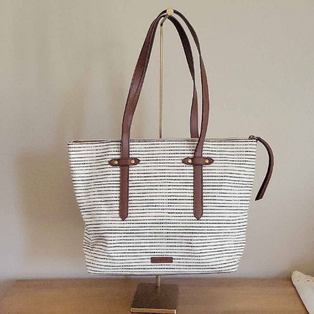 FOSSIL Striped Tote Bag with Brown Faux Leather Accents